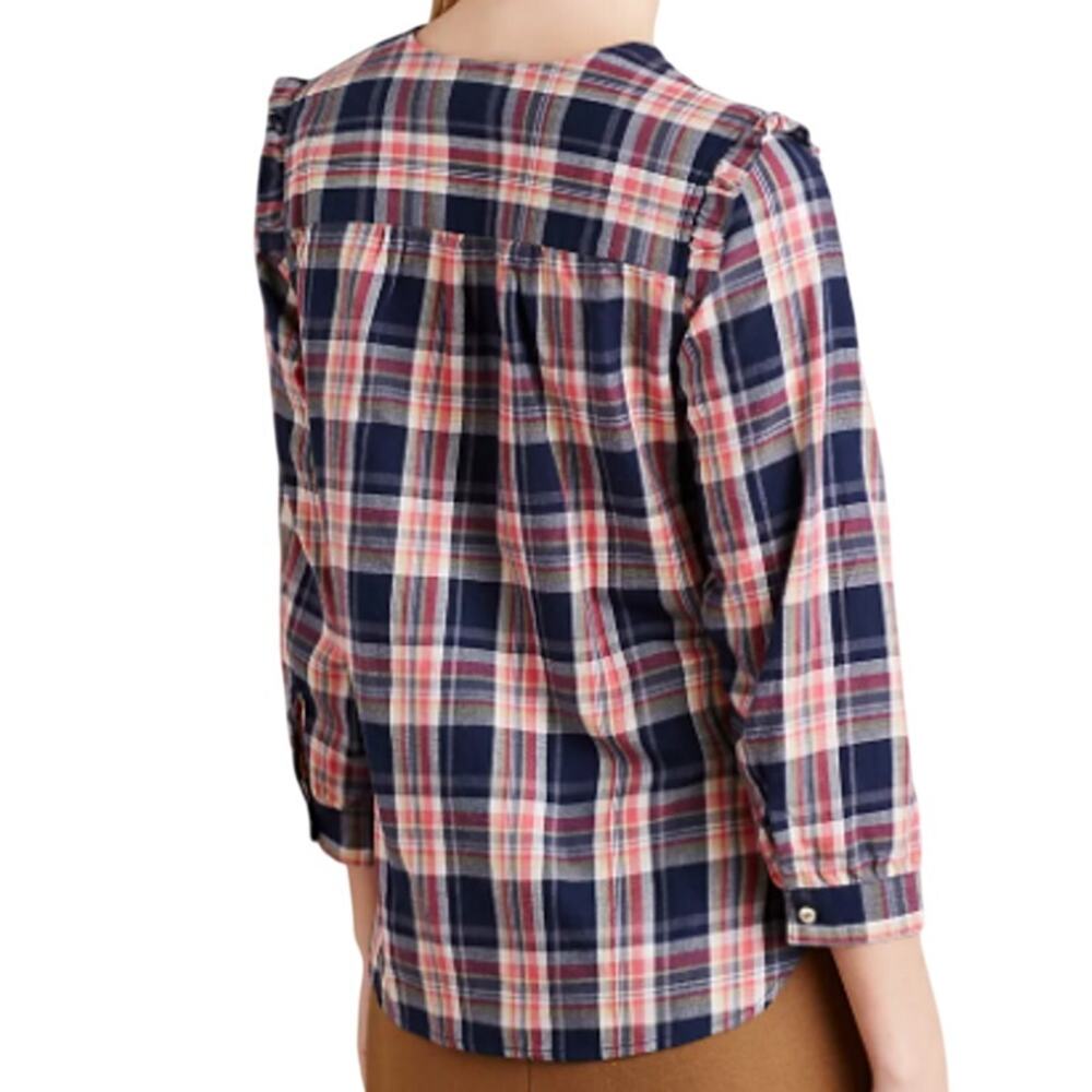 Anthropologie Isabella Sinclair Pink Navy 100% Cotton Ruffle Plaid Academia Top - Picture 2 of 13